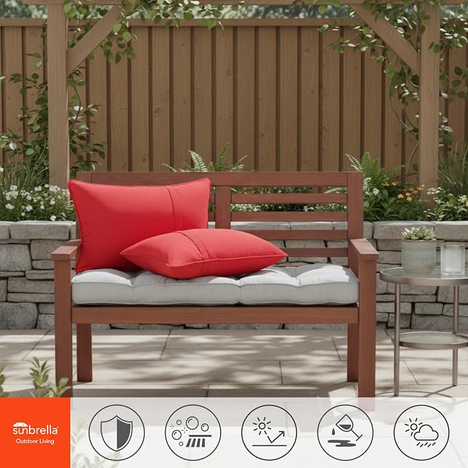 Sunbrella Rectangular Outdoor Throw Pillows 21x14 Set of 2 - Corded Lumbar Patio Accent Pillows with Pleated Design & Removable Zipper Covers – Weather & Fade Resistant Pillows, Canvas Jockey Red