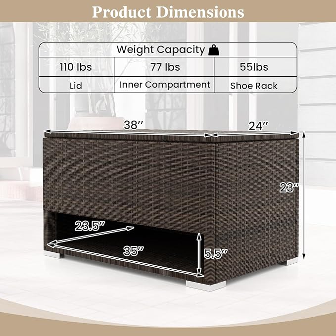 Tangkula 48 Gallon Rattan Outdoor Storage Box with Shoe Rack, Outdoor Storage Bin with Protective Liner, PE Wicker Deck Box for Patio Cushion Furniture, Pool Supplies and Garden Tools (48 Gallon)
