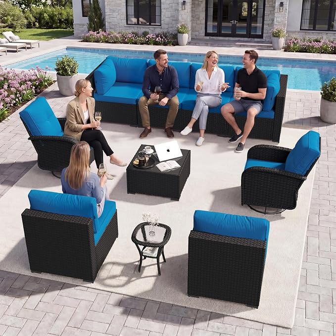 Aoxun 10 Piece Outdoor Patio Furniture Set with Coffee Table, Wicker Rattan Outdoor Furniture with High Back Swivel Rocker Chairs, Outdoor Conversation Set with Thick Cushion & Ottoman, Peacock Blue
