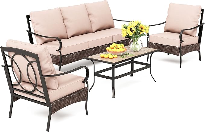 PHI VILLA Outdoor Patio Furniture Set，Premium Rattan Wicker Metal Patio Conversation Sets for Backyard w/Coffee Table, Seat Cushions