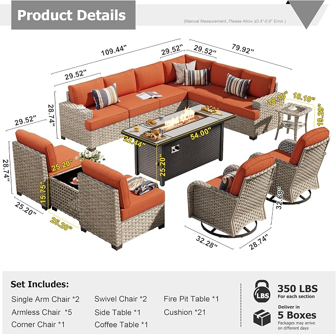 HOOOWOOO Outdoor Sectional Patio Furniture Set with Fire Pit Table,13 Pieces Wicker Conversation Sets L Shaped Couch,Extra Deep Out Door Sofa Outside Furniture with Swivel Rocking Chairs,Brick Red