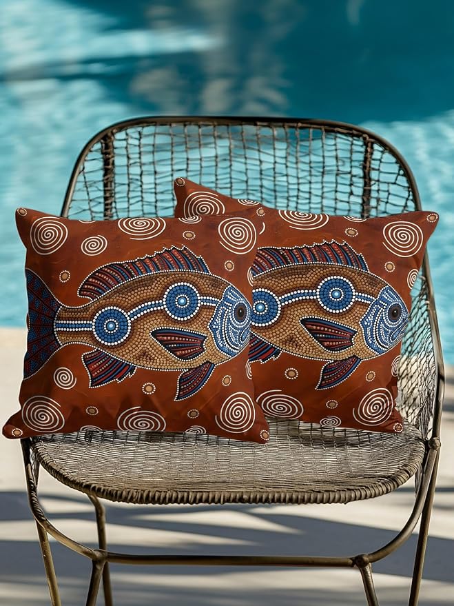 Outdoor Pillows Waterproof Set of 2, Southwest Tribal Decorative Throw Pillows for Patio Couch Bed Camping, Vintage Rustic Fish Motifs Wooden Texture Indoor Outdoor Pillow with Inserts Included 18x18