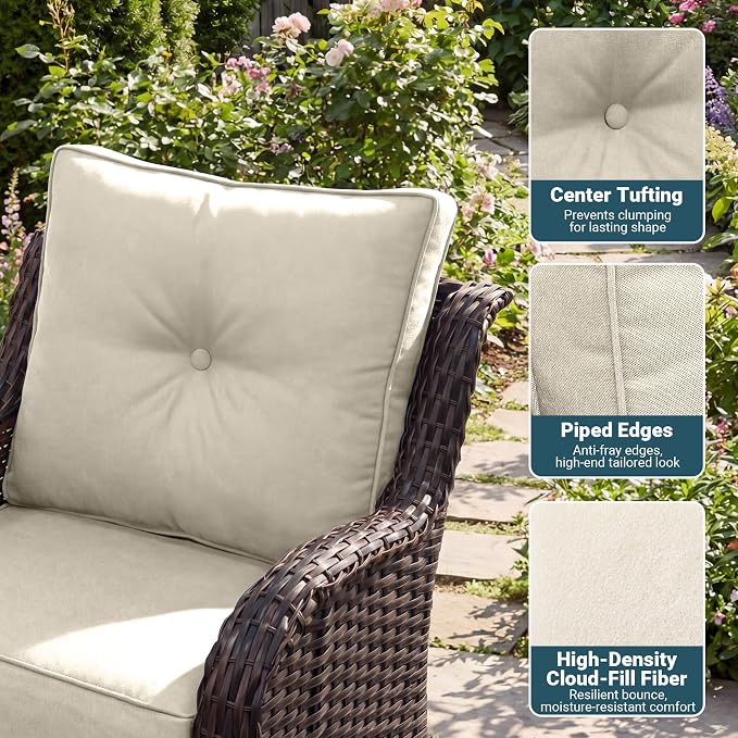 Patio Furniture Set, 3PCS Outdoor Wicker Conversation Set Porch Furniture with 6" Thick Cushions, High Back Swivel Chairs, Weather Resistant Olefin Fabric for Garden, Poolside, Beige