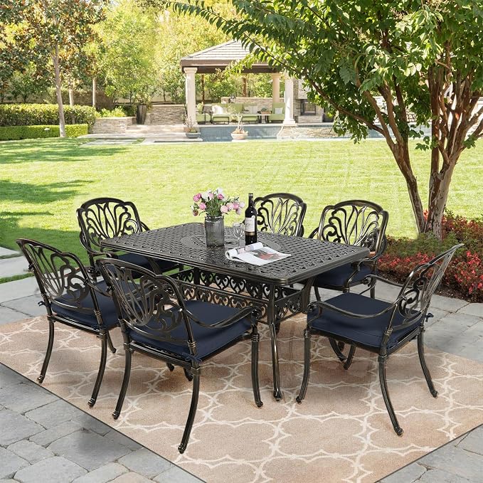 MEETWARM 7-Piece Outdoor Patio Dining Set, 6 Outdoor Dining Cushioned Chairs and 1 Rectangle Table with 2" Umbrella Hole, All Weather Cast Aluminum Patio Funiture Set for Backyard, Navy Blue
