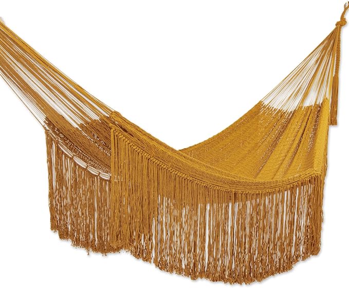 NOVICA Artisan Handmade Cotton Rope Hammock Fringed Amber Yellow from Mexico Double Solid Tropical Decor [Bed Size 75in L x 79in W Total Length 142in L Fringe 15.75in L] ' Amber Cascade' Double