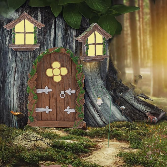 Fairy Door and Windows for Trees Outdoor, Glow in The Dark Fairy Doors Miniature Fairy Garden Accessories, Yard Art Sculpture Decoration Fairy Garden Decor with Lantern for Outside, Patio (Ladder)