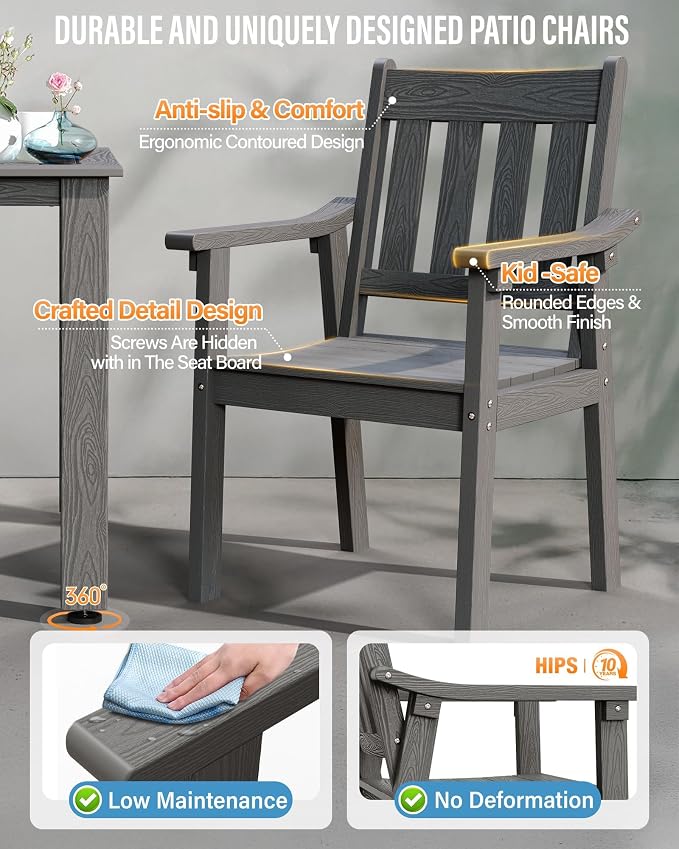 YEFU Patio Dining Chairs Set of 6: All Weather Outdoor Dining Chairs with Wide Curved Seat and Backrest - Outdoor Furniture Plastic for Outside Backyard/Garden/Porch/Deck 350lbs Capacity Grey