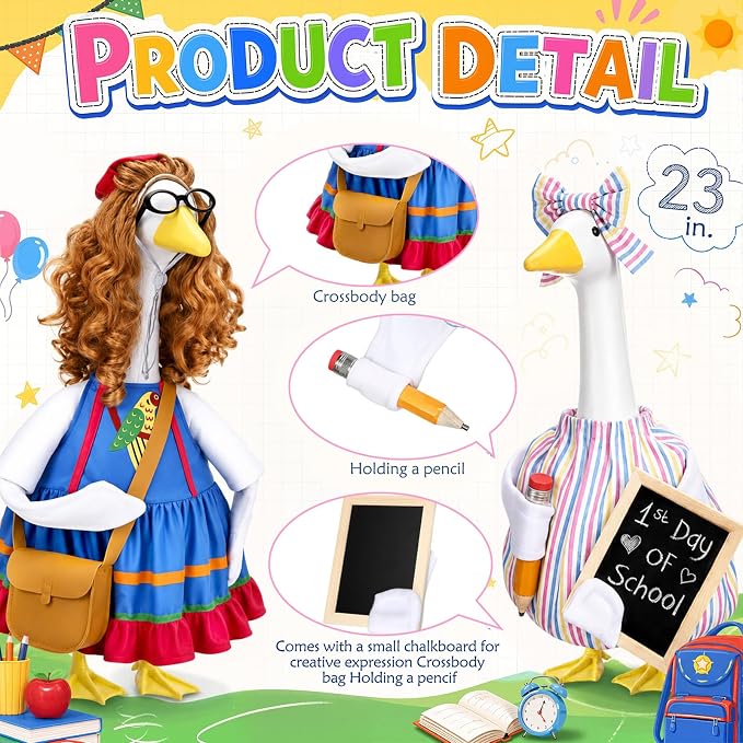 Back to School Porch Goose Outfit Teacher Classroom Goose Costume with Pencil Chalkboard Bow Hair Band for 23" Gooses Statue First Day of School Patio Yard Garden Lawn Outdoor Decor, 2 Style