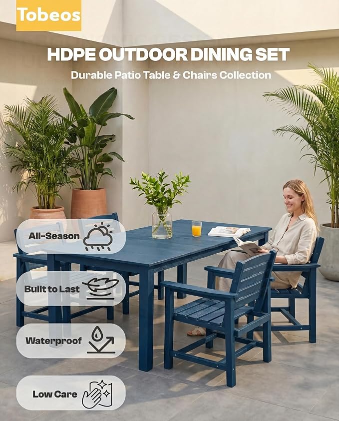 7-Pc Outdoor Dining Set, 10x10FT Cantilever Umbrella for 6,Navy Blue | HDPE table, chairs included, aluminum frame, weather-resistant furniture, perfect for yard, lawn, garden, deck
