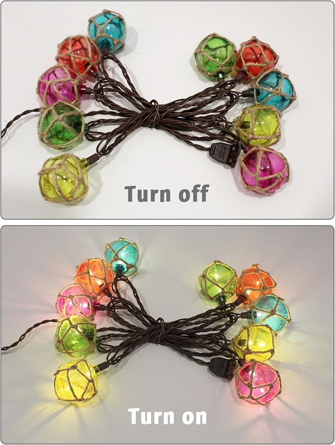 8.5Ft Nautical Fishing Float String Lights,Plug in Beach Themed Buoy Lights | Set of 10 LED Tiki Bar Lights Indoor, Beach Camping, Bedroom Decor and Outdoor Patio Decorations-Multicolor