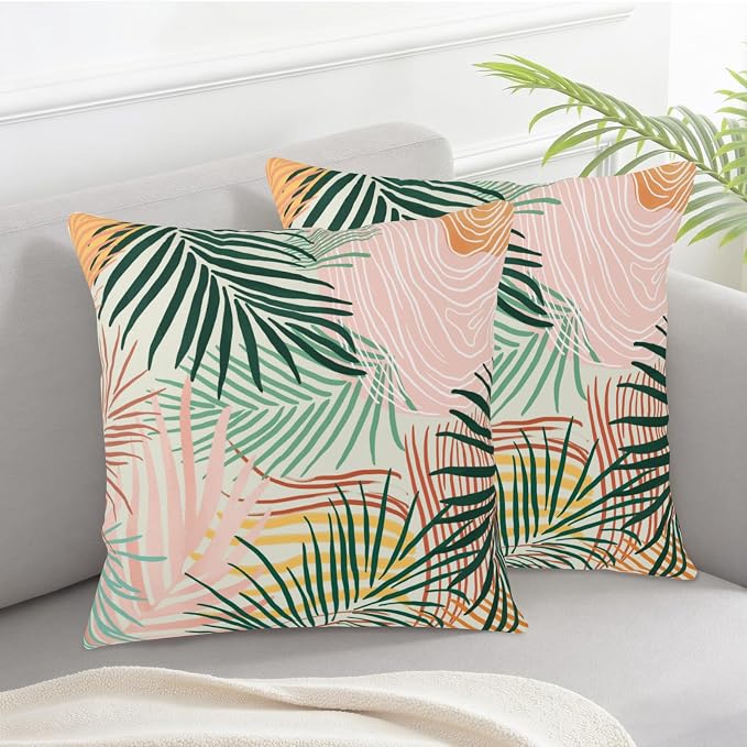 Colorful Abstract Pillow Covers Pink Green Tropical Palm Tree Leaves Throw Pillow Covers Modern Art Pillowcase 20x20 Set of 2 Neutral Cushion Case for Indoor Outdoor Couch Sofa