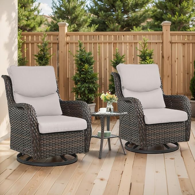 Outdoor Swivel Rocker Patio Chairs with 5" Thick Cushion - 3 Piece Wicker Bistro Set with Side Table, High Back Comfty Outdoor Glider Chairs for Balcony, Porch, Deck, Poolside - Brown/Beige