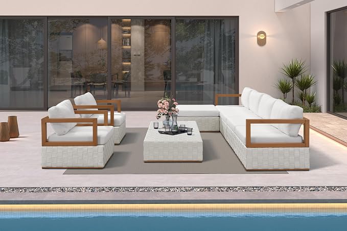 PURPLE LEAF Patio Outdoor Furniture Set 9 Pieces, Premium Leather Outdoor Couch Sectional Sofa, Patio Conversation Sets with Olefin Cushions, Patio Couch for Porch, Garden, Balcony, White