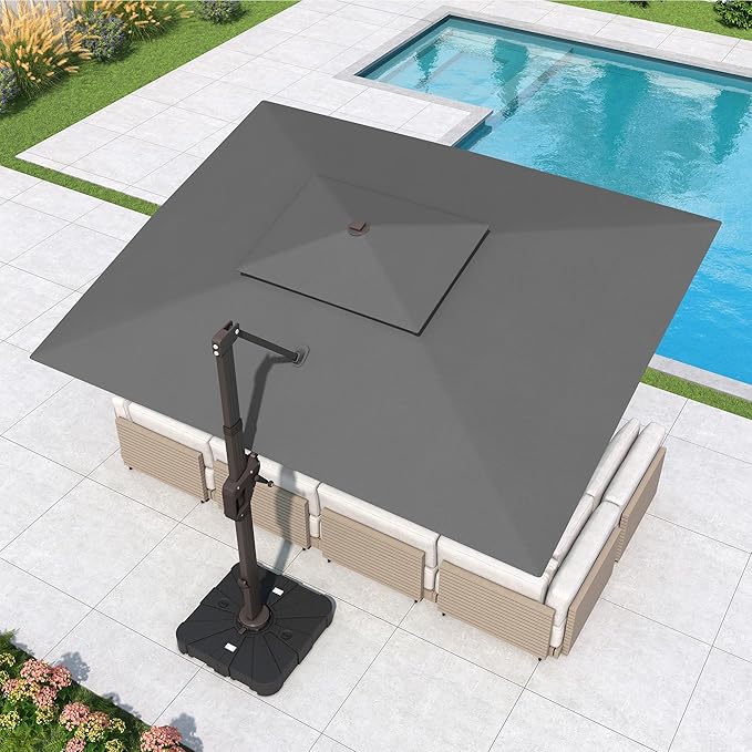 10x13 FT Cantilever Patio Umbrella with Base and Led Lights Double Top Outdoor Rectangular Large Heavy Duty Aluminum Offset Umbrellas with 7 Level Tilt 360-degree Rotation for Pool Garden Deck, Grey