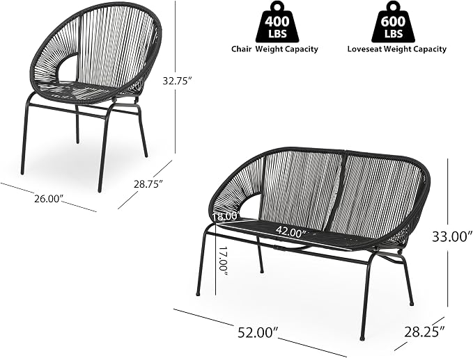 Christopher Knight Home Dessa 3 Piece Patio Furniture Set, Patio Wicker Accent Chair Set of 2 and Loveseat, Metal Frame 4 Seater Outdoor Papasan Lounge Chair Set, PE Rattan Outdoor Bistro Set, Black