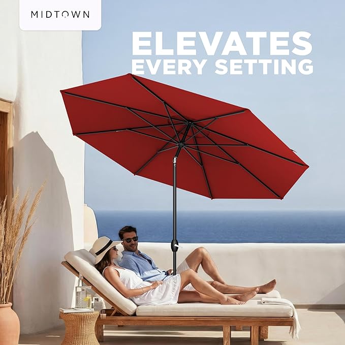 Midtown Umbrellas – The Lean 8 Ft Patio Umbrella with 10-Year-No-Fade Acrylast Acrylic Fabric, Auto-Tilt and 8 Reinforced Ribs for Deck, Pool, Garden, Hotel & Cafes – Regatta Red Canopy, Black Pole