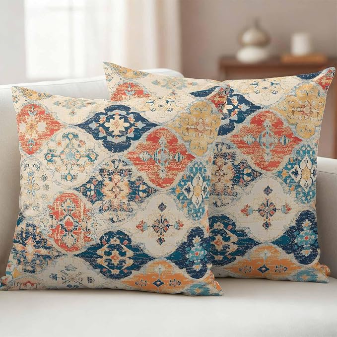 Outdoor Waterproof Pillow Covers for Patio Furniture Morocco Boho Decorative Throw Pillow Cover Vintage Ethnic Bohemian Pillowcases Set of 2 Cushion Case for Sofa Couch Chair Home Decor 20x20 inch