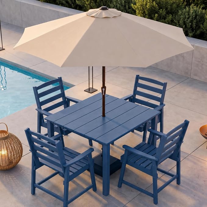 HDPE Outdoor Dining Set for 4 with 10FT Umbrella, Navy | All-Weather HDPE, Wood Grain Finish, 42.5" Square Table, Built-In Umbrella Hole, Seats 4, Patio & Poolside Ready