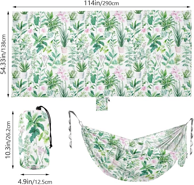 Camping Hammock Outdoor Hammocks for Outside Green Plants Watercolor Beach Trees Portable Lightweight with Pockets Tree Straps Indoor