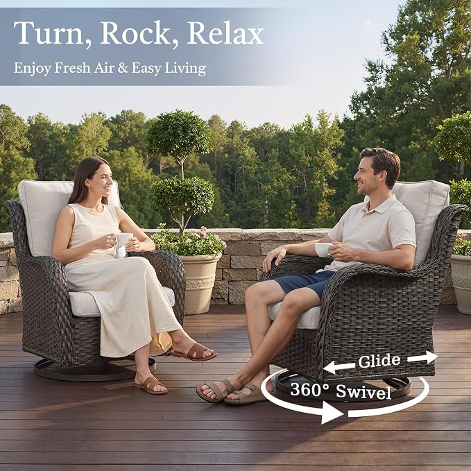 Patio Furniture Set with 41" Fire Pit Table - High Back Patio Conversation Set with 4 Inch Thick Cushions and Deep Seating Swivel Glider Chairs & Outdoor Couch for Porch Deck Yard Pool Brown