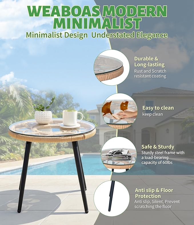 3-Piece Outdoor Patio Bistro Set, Wicker Chairs with Cushions, PE Rattan All-Weather Conversation Set with Coffee Table for Balcony, Porch, Backyard, Poolside, Garden, Deck, Khaki