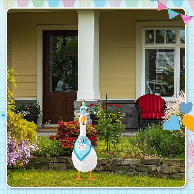 Dansydaisy Happy Birthday Goose Outfit Porch Goose Outfits with Happy Birthday Cake Hat and Bandana Yard Geese Outfits for 23" 17" Cement Plastic Geese Duck Decorations(Style 2,Blue)