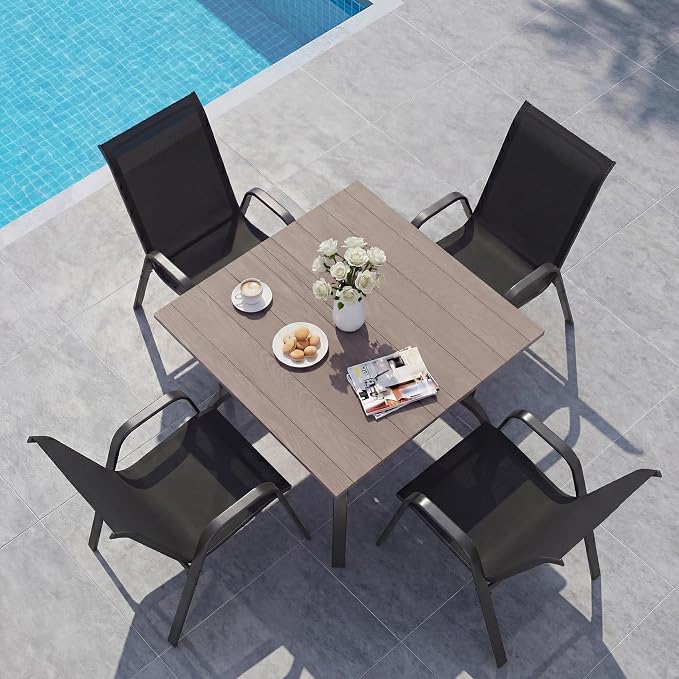 5 Pieces of Outdoor Dining Set - Square Patio Table with Umbrella Hole and 4 Stackable Dining Chairs All-Weather for Garden, Deck, and Poolside (Natural, 38“L x 38“W x 28"H Square Dining Table)