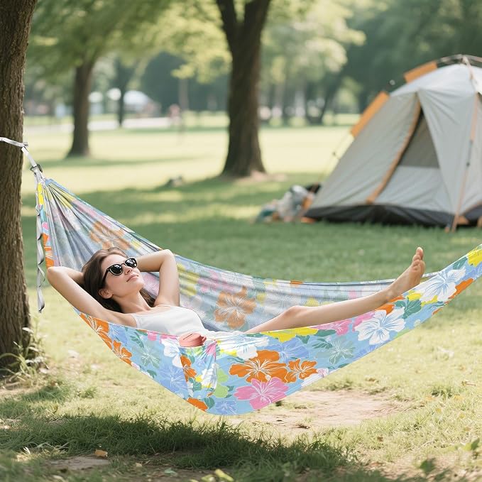 Camping Hammock Outdoor Hammocks for Outside Colorful Hibiscus Flowers Beach Trees Portable Lightweight with Pockets Tree Straps Indoor