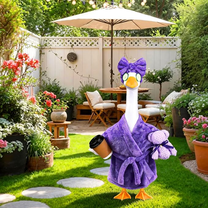Celltestria Lady Goose Outfits for 23" Geese Purple Bathrobe Porch Goose Costume Coffee Cup Bear Cucumber Eye Mask Goose Clothes for Outdoor Patio Yard Lawn Garden Decoration