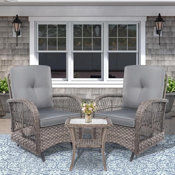 VIVIJASON 3-Piece Outdoor Patio Furniture Set, Outdoor Wicker Glider Rocking Chairs Rattan Conversation Bistro Sets w/ 2 Rattan Cushioned Chairs and Glass Top Side Table for Porch Backyard, Grey
