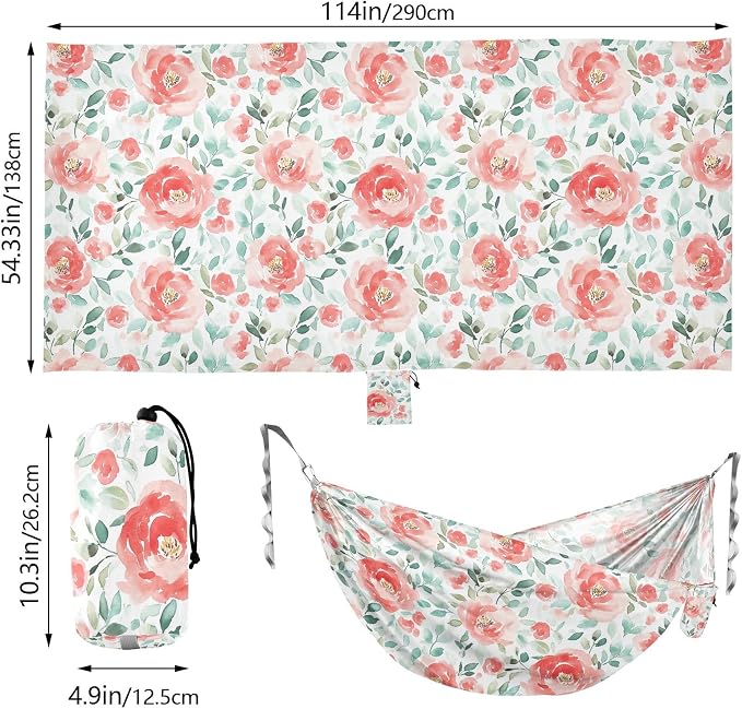 Camping Hammock Outdoor Hammocks for Outside Watercolor Floral Rose Beach Trees Portable Lightweight with Pockets Tree Straps Indoor Small