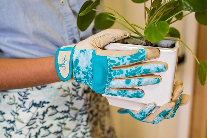 DIGZ 7606-23 High Performance Women's Gardening Gloves, Work Gloves with Touchscreen Compatible Fingertips, Blue Leaves Pattern, Medium