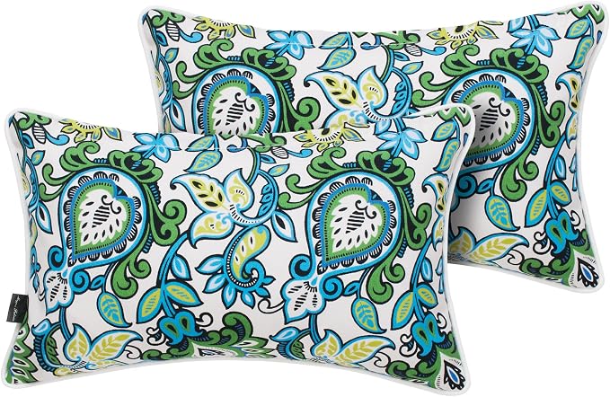 Pack of 2 Outdoor Waterproof Lumbar Rectangular Throw Pillow with Insert, Home Decorative Toss Pillows All Weather Cushion for Patio Garden Car Office (12x20 Inch, Botanical Blue Green)