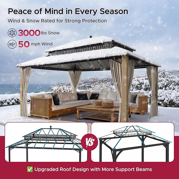 SUNJOY Kingston 16' x 12' Hardtop Wood Gazebo with Galvanized Steel Double Roof, Curtain and Netting, Cedar Posts Permanent Pavilion Gazebo for Garden, Patio, Deck, Lawn