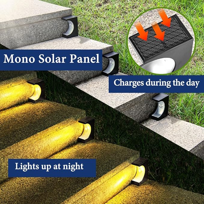 Upgraded Wireless Solar Step Lights. 5X Longer Life Than Ordinary. Strong 3M Adhesive + Screws. IP65 Waterproof for Stairs/Decks/patios. Reliable Performance(Warm Light 8Pack)