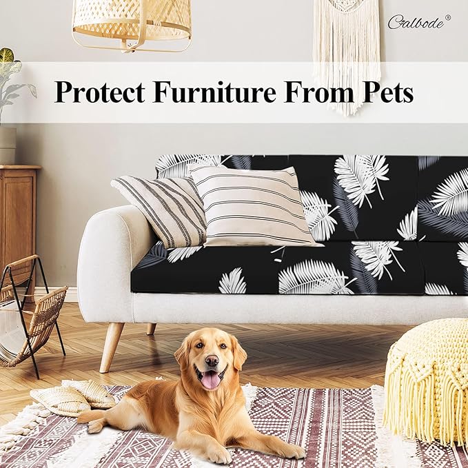 CALBODE 14Pcs Stretch Patio Cushion Covers Dustproof Outdoor Cushion Covers Washable Patio Couch Cover Slipcovers for Outdoor Furniture Protector Replacement(Black Palm Leaves, Cover Only)