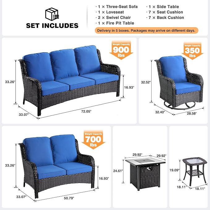 ovios 6 Pieces Patio Furniture Set with 30 inch Fire Pit Table, Outdoor Wicker Sofa Couch Loveseat, Swivel Rocking Glider Chairs, Modern Conversation Set, Brown Rattan, Navy Blue