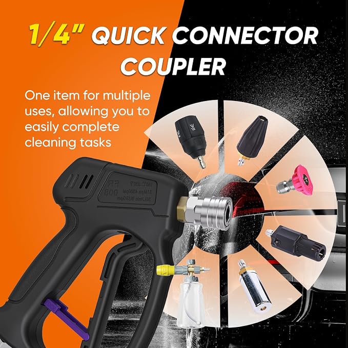 KONOSUBA Short Pressure Washer Gun with Swivel 4500PSI with Foam Cannon,2 Adapter,5 Pressure Washer Nozzles,1/4" Quick Connector,3/8'' Quick Connect, M22-14/15 mm Fitting (gun4500PSI with Foam Cannon)