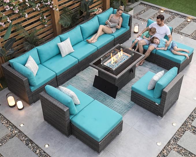 NICESOUL 11 Piece Outdoor Furniture Sets with Natural Gas/Propane Firepit, XXL 10-Seats Patio Sectional, 29.3'' High-Back Backyard Seating, All-Weather Wicker Couch Set for Outside, Deck, Grey & Teal