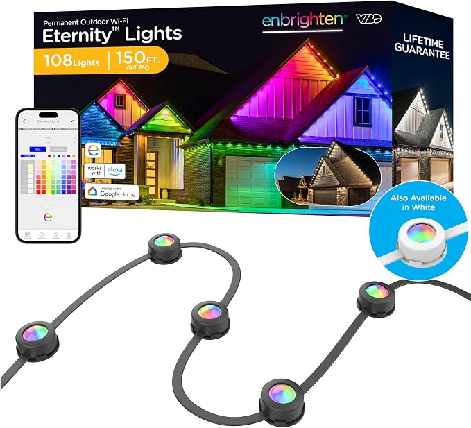 Enbrighten Eternity Permanent Outdoor Lights, 150ft, 108 Lights, Smart | Black Cord, RGBWIC LEDs, Weatherproof, Cuttable, Link to 200ft, Christmas, App Control, Works with Alexa & Google Home