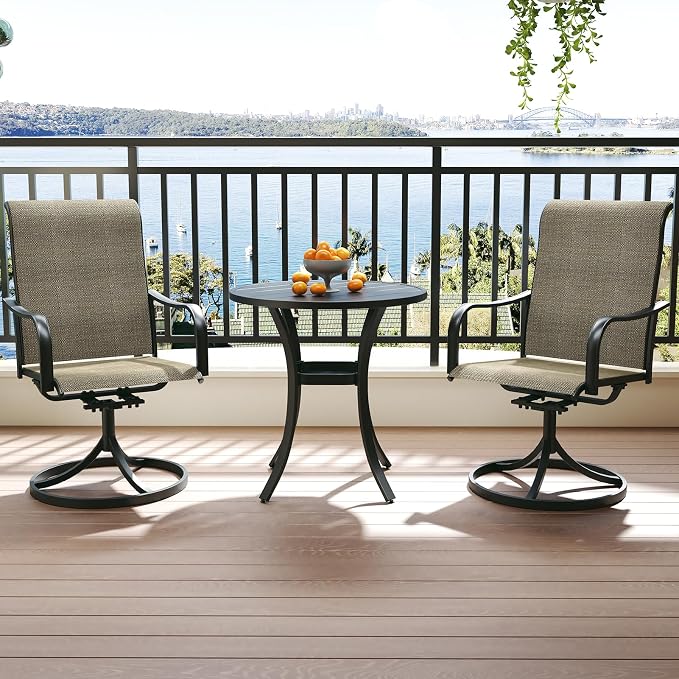 Anmutig 3-Piece Outdoor Patio Dining Set, 27.5" Black Round Table with 2 Swivel Rocking Patio Chairs Furniture Set for Kitchen Garden, Backyard, Light Tan