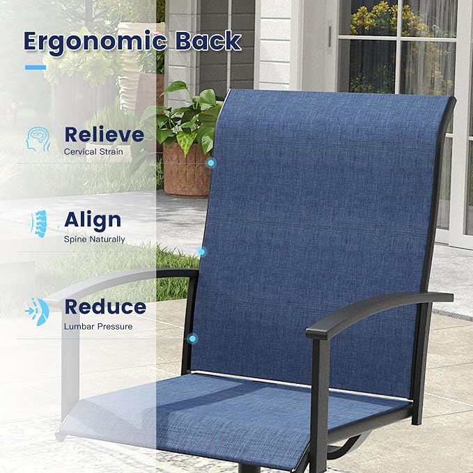 VICLLAX Outdoor Table and Chairs Set for 6, Patio Dining Set of 59 Metal Rectangle Patio Table with Umbrella Hole & 6 Swivel Outdoor Dining Chairs for Backyard Lawn, Dark Blue & Black