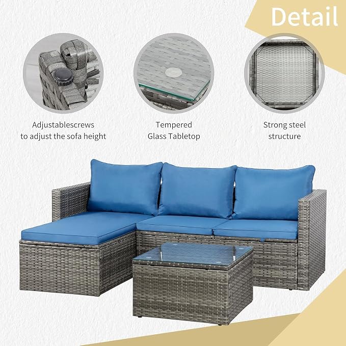 JAMFLY 3-Piece Outdoor Sectional Sofa Set with Glass Coffee Table, All-Weather PE Wicker Patio Furniture with Thick Cushions, Modular Conversation Set for Small Balcony, Deck & Porch, Blue