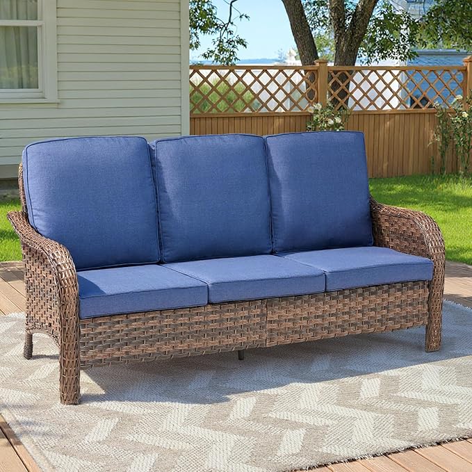 Luxury Outdoor Patio Furniture Set-Wicker High Backrest 3-Seat Patio Sofa with Comfy 6" Cushion, Rattan Couch with Deep Seat All-Weather Patio Conversation Set for Deck Backyard Garden(Gray/Blue)