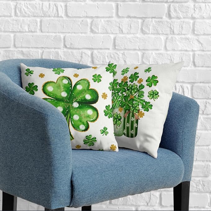St Patricks Day Pillow Covers Gold Green Lucky Shamrock Vase Throw Pillow Covers 18x18 Set of 2 Polka Dots Clover Pillowcases March Holiday Cushion Cases for Sofa Home Decor