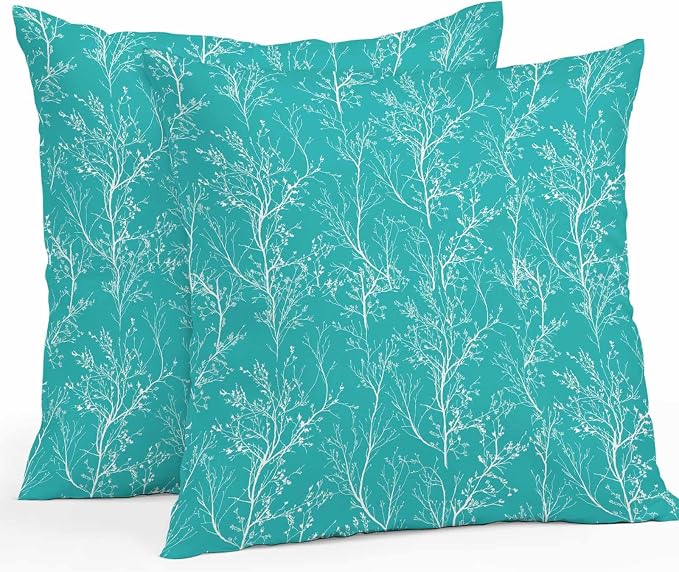 Turquoise Branches Waterproof Outdoor Pillow Covers Set of 2 Home Decor, Abstract Art Leaves Plant Pillowcase Patio Pillow Covers for Couch Bench Patio Furniture Garden 16x16in