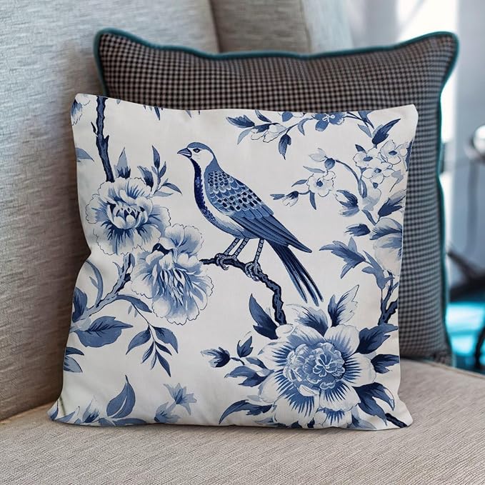 Blue Indigo Floral Chinoiserie Cushion Cases Asian Navy Lotus Bird Pillowcase 16x16 INAbstract Accent Square Couch Sofa Cushion Covers for Patio Funiture Garden