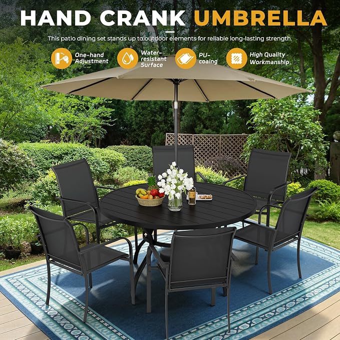 7-Piece Patio Dining Set with Umbrella,6 Person Outdoor Table and Chairs Set, 6 Metal Dining Chairs and Round Outdoor Table with 1.57" Umbrella Hole,Black