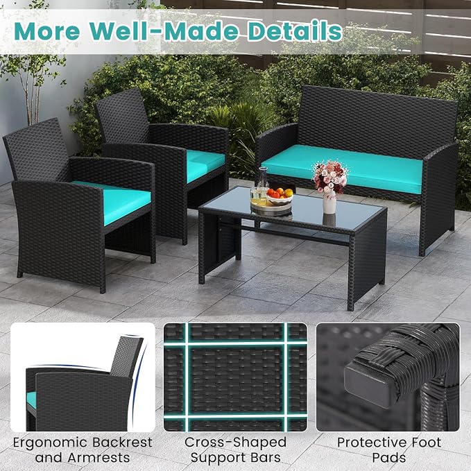 Tangkula 4 Pieces Patio Wicker Furniture Set, Outdoor Heavy Duty Rattan Cushioned Chairs, Loveseat and Tempered Glass Coffee Table, for Backyard, Balcony, Poolside (Turquoised,1)