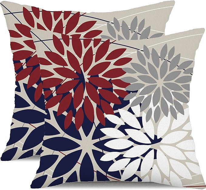 DFXSZ Pack of 2 Outdoor Waterproof Throw Pillow Covers 18x18 Red Blue | Polyester Colorful Summer 4TH Of July Floral Decorative Cushion Cases(NO INSERT),For Couch Patio Funiture Garden Home Decor